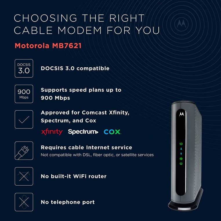 Motorola MB7621 Cable Modem | Pairs with Any WiFi Router | Approved by Comcast Xfinity, Cox, and Spe
