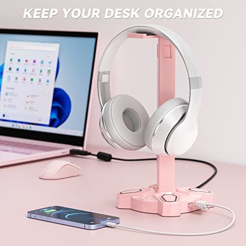 KDD RGB Headphone Stand with 9 Light Modes - Rotatable Pink Game Headset Holder with 3.5mm AUX &