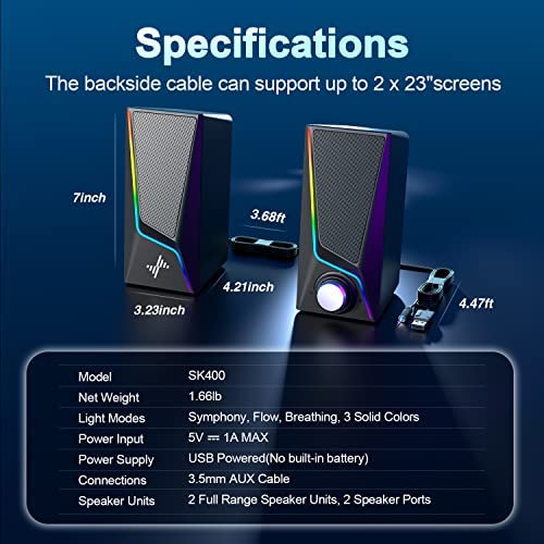 Computer Speakers, PC Speakers with 6 Colorful LED Modes, USB Powered Computer Speakers for Desktop